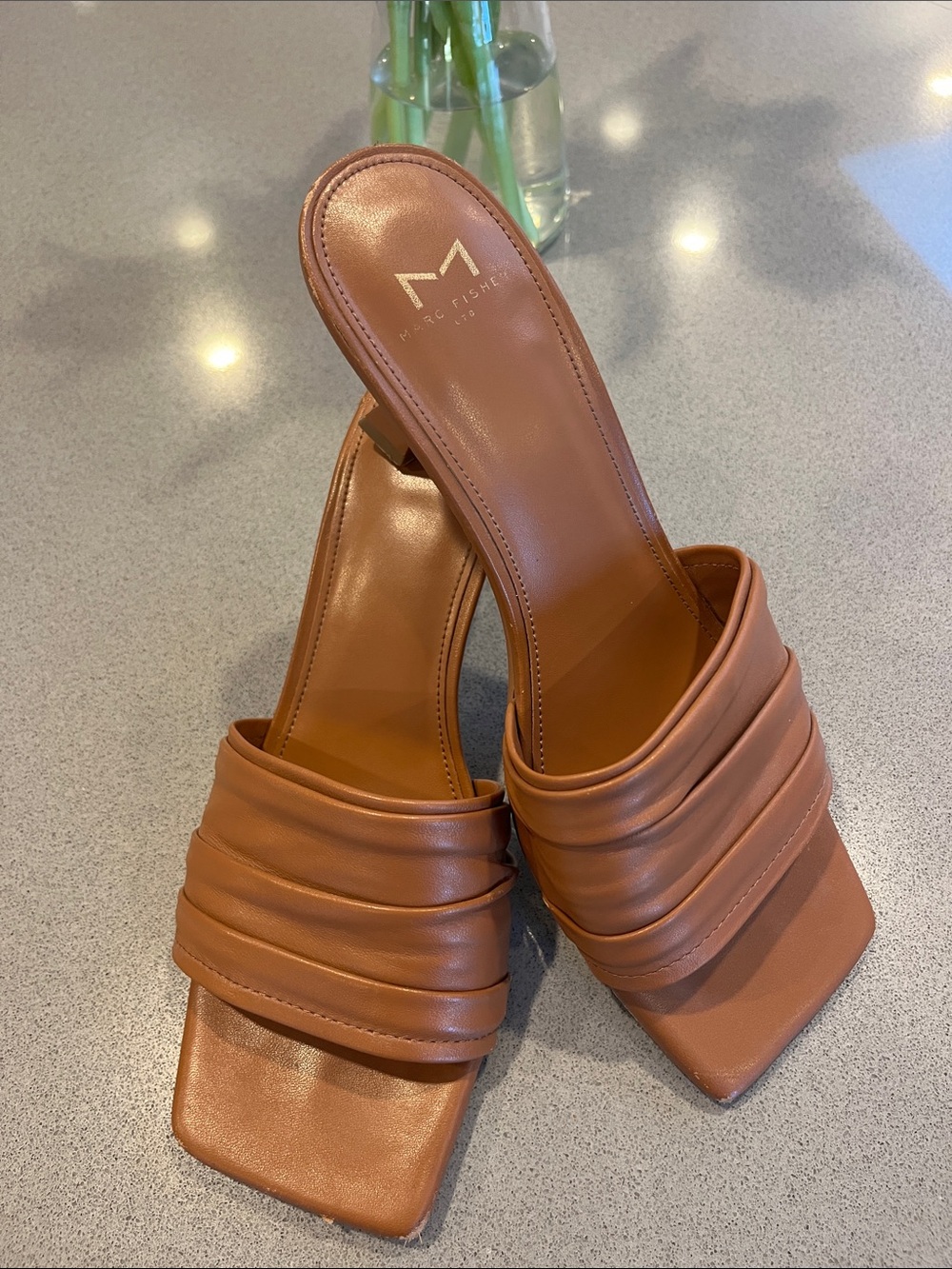 Marc Fisher Tan Ruched Leather Slide Mules